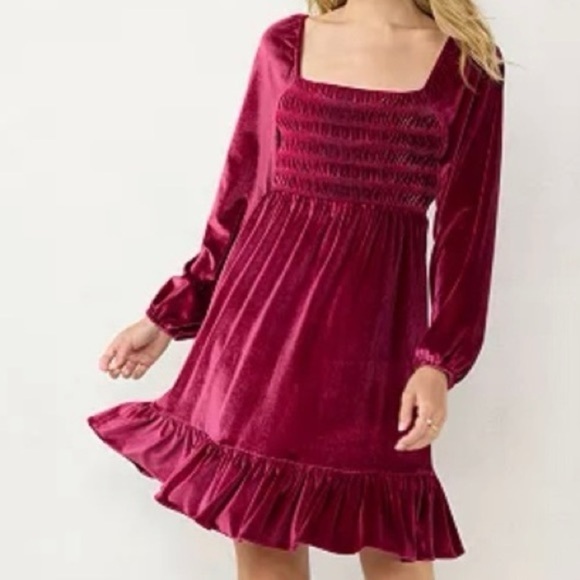 LC Lauren Conrad Dresses & Skirts - LC Lauren Conrad Smocked Velvet Long Sleeve Mini Dress Wine Chalet Red Pink NWT